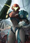  1girl absurdres arm_cannon armor eguchi_tumoru gun helmet highres looking_at_viewer metroid metroid_dread power_armor power_suit samus_aran science_fiction solo upper_body visor weapon 