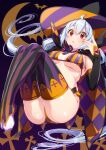  1girl argyle_cape bangs bikini black_cape black_gloves black_headwear breasts cape commentary elbow_gloves floating gloves half_gloves hat highres knees_up large_breasts long_hair looking_at_viewer matoi_(pso2) multicolored_stripes nyanmaru_(ememing) orange_bikini orange_cape parted_lips phantasy_star phantasy_star_online_2 purple_bikini purple_cape purple_legwear red_eyes silver_hair solo striped striped_bikini swimsuit thigh-highs toeless_legwear two-sided_cape two-sided_fabric two-sided_headwear vertical-striped_bikini vertical_stripes witch_hat 