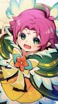  1girl dress facial_mark fae_(fire_emblem) fire_emblem fire_emblem:_the_binding_blade fire_emblem_heroes flower forehead_mark green_eyes highres looking_at_viewer manakete nakabayashi_zun official_alternate_costume open_mouth orange_flower pink_hair pointy_ears short_hair smile solo wings 