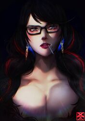  1girl absurdres bayonetta bayonetta_(series) bayonetta_3 black_hair braid candy earrings food glasses highres jewelry lipstick lollipop long_hair looking_at_viewer makeup mole mole_under_mouth multicolored_hair nude redhead ribbon simple_background solo streaked_hair twin_braids xuuikie_ashe 