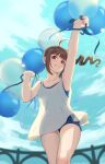  1girl ahoge arm_up balloon bangs blue_shorts blue_sky blurry blurry_background brown_hair clouds cloudy_sky commentary day depth_of_field drill_hair grin half-closed_eyes head_tilt holding idolmaster idolmaster_million_live! kamille_(vcx68) looking_at_viewer medium_hair open_mouth outdoors shirt short_shorts shorts side_drill side_ponytail sidelocks sky smile solo standing tank_top violet_eyes white_shirt yokoyama_nao 