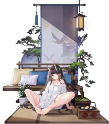  1girl arm_support atdan azur_lane barefoot black_hair collarbone feet full_body hair_ornament hairclip highres horns long_hair looking_at_viewer noshiro_(azur_lane) noshiro_(cozy_enclave)_(azur_lane) off-shoulder_shirt off_shoulder official_alternate_costume official_art oni_horns pillow plant shirt sitting transparent_background violet_eyes white_shirt 