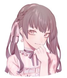  1girl absurdres black_hair braid choker cropped_torso earrings eyelashes gokuama hair_ribbon hand_to_own_mouth highres idolmaster idolmaster_shiny_colors jewelry light_smile looking_at_viewer mayuzumi_fuyuko pink_clothes portrait ribbon ribbon_choker simple_background solo twintails white_background 