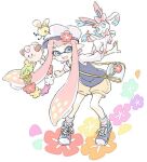  1girl aqua_eyes bag bangs blue_eyes blue_footwear blue_shirt clefairy comamawa flower full_body hair_flower hair_ornament head_wreath leaning_forward long_hair long_sleeves open_mouth outstretched_arms pink_hair pointy_ears pokemon shirt shoes short_shorts shorts simple_background smile socks solo source_request splatoon_(series) spread_arms standing sylveon very_long_hair white_background white_legwear white_sleeves yellow_shorts 