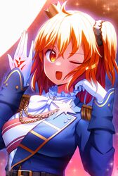  1girl :d alternate_costume bangs belt black_belt blue_jacket blush bow bowtie breasts command_spell commentary_request crown fate/grand_order fate_(series) fujimaru_ritsuka_(female) gloves hair_between_eyes highres jacket large_breasts long_sleeves medium_hair mikomiko_(mikomikosu) one_eye_closed orange_hair red_background red_eyes side_ponytail smile solo upper_body white_bow white_bowtie white_gloves 