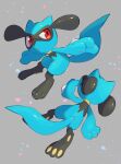  :o absurdres commentary grey_background highres looking_to_the_side multiple_views no_humans nullma outstretched_arms pokemon pokemon_(creature) red_eyes riolu shiny toes 
