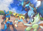  :d blue_fire bush celebi charizard claws closed_eyes clouds commentary day fang fire highres lucario lying mega_charizard_x mega_pokemon minun no_humans nullma on_stomach open_mouth outdoors pokemon pokemon_(creature) red_eyes sitting sky smile stairs standing sweat toes tongue zeraora 
