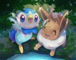  :d blue_eyes closed_eyes commentary eevee grass happy highres looking_up no_humans nullma open_mouth piplup pokemon pokemon_(creature) smile standing toes tongue water water_drop 