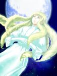  1girl bangs blonde_hair blunt_bangs closed_mouth dianna_soreil dress drill_hair floating_hair full_moon gloves gundam highres light_blue_eyes long_hair moon own_hands_together solo star_(sky) turn_a_gundam very_long_hair white_dress white_gloves yuccoshi 