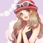  1girl arms_up bangs bare_shoulders black_ribbon black_shirt blonde_hair blue_eyes eyebrows_visible_through_hair eyewear_on_headwear floral_background glasses hand_on_own_chest hands_up happy hat hat_ribbon long_hair looking_to_the_side open_mouth petals pokemon pokemon_(game) pokemon_xy purple_background red_headwear ribbon sapphire_yue serena_(pokemon) shirt simple_background sleeveless sleeveless_shirt smile sunglasses swept_bangs teeth v_arms 