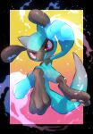  absurdres black_border border commentary energy full_body furrowed_brow highres no_humans nullma open_mouth pokemon pokemon_(creature) red_eyes riolu solo teeth toes tongue 