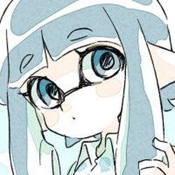  1girl aqua_eyes aqua_hair bangs blue_eyes blue_hair close-up closed_mouth comamawa eyebrows_visible_through_hair head_tilt long_hair looking_at_viewer lowres pointy_ears shirt simple_background solo splatoon_(series) upper_body white_background white_shirt 