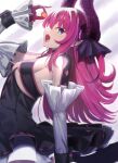  1girl bangs black_dress blue_eyes breasts commentary_request corset curled_horns dragon_girl dragon_horns dragon_tail dress elizabeth_bathory_(fate) elizabeth_bathory_(fate/extra_ccc) eyebrows_visible_through_hair fang fate/extra fate/extra_ccc fate/grand_order fate_(series) from_side gloves hair_ornament halloween highres holding horns jack-o&#039;-lantern layered_skirt long_hair looking_at_viewer neko_daruma open_mouth pointy_ears pumpkin purple_gloves purple_hair purple_horns revealing_clothes sideboob sidelocks skirt small_breasts solo tail tongue white_sleeves 
