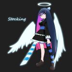  1girl angel_wings aqua_eyes bangs black_hair black_legwear blue_legwear blunt_bangs breasts brown_footwear character_name full_body halo highres holding holding_sword holding_weapon large_breasts long_hair looking_at_viewer multicolored_hair panty_&amp;_stocking_with_garterbelt pink_hair single_leg_pantyhose solo stocking_(psg) striped striped_legwear sword very_long_hair weapon wings yachima_tana 