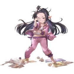  1girl alternate_costume bangs barefoot black_hair blue_eyes blunt_bangs eyepatch granblue_fantasy hair_bobbles hair_ornament harvin long_hair looking_at_viewer lunalu_(granblue_fantasy) medical_eyepatch midriff official_art pants pants_rolled_up paper pointy_ears sleeves_rolled_up solo track_pants track_suit 