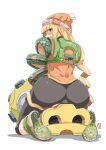  1girl arms_(game) ass automatic_giraffe bangs beanie blonde_hair blunt_bangs chinese_clothes domino_mask dragon_(arms) food green_eyes hat knit_hat leggings legwear_under_shorts looking_at_viewer mask min_min_(arms) noodles short_hair shorts simple_background smile solo super_smash_bros. 