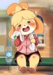  1girl animal_crossing animal_ears animal_hands bench blurry blurry_background blush bottle dagashi_(daga2626) dog_ears dog_girl furry highres isabelle_(animal_crossing) jacket leaf_print open_mouth short_shorts shorts sitting smile soles solo_focus tom_nook_(animal_crossing) towel trembling water_bottle window wiping_face 