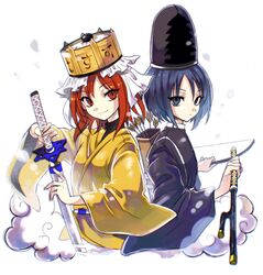  2others androgynous arrow_(projectile) blue_eyes blue_hair bow_(weapon) crown frilled_hat frills hat highres holding holding_sword holding_weapon japanese_clothes kariginu kashiwagi_kaoru len&#039;en multiple_others ooya_kunimitsu red_eyes redhead short_hair smile sword tate_eboshi turtleneck vest weapon 