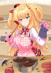  1girl absurdres akai_haato ankimo_(tokino_sora) apron bangs bdsm bibi_(tokoyami_towa) blonde_hair blue_eyes blush bondage bound bow bowtie boyal bug candy chocolate commentary cupboard desk eyebrows_visible_through_hair food gloves hair_bow hair_ornament hairclip heart heart-shaped_chocolate heart_hair_ornament highres holding hololive ladle long_hair onion pink_apron pink_gloves solo spider tako_(ninomae_ina&#039;nis) tarantula tentacles tied_up_(nonsexual) twitter_username valentine virtual_youtuber 