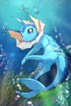  :o absurdres air_bubble blurry bubble commentary fang highres looking_up no_humans nullma open_mouth pokemon pokemon_(creature) solo toes underwater vaporeon violet_eyes 