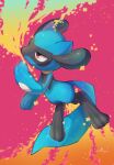  absurdres brown_eyes commentary creature full_body highres no_humans nullma pink_background pokemon pokemon_(creature) riolu shiny signature solo toes 