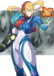  1girl absurdres arm_cannon armor blonde_hair blue_bodysuit blue_eyes bodysuit breasts covered_collarbone floating_hair grin hair_between_eyes helmet highres long_hair looking_at_viewer medium_breasts metroid metroid_dread mole mole_under_mouth ponytail power_armor pretty-purin720 samus_aran science_fiction smile solo standing turtleneck weapon x_parasite zero_suit 