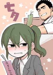  1boy 1girl absurdres angry annoyed black_hair blazer blush brown_background business_suit clenched_teeth coat commentary dot_pupils dress_shirt facial_hair formal goatee gradient gradient_background green_eyes green_hair grey_jacket hair_tie highres igarashi_futaba_(shiromanta) jacket looking_back medium_hair necktie office_lady open_mouth orange_background overcoat ponytail purple_necktie salaryman senpai_ga_uzai_kouhai_no_hanashi shiromanta shiromanta_(character) shirt short_hair smile star_(symbol) stubble suit sweatdrop takeda_harumi_(shiromanta) tanabata tanzaku teeth thick_eyebrows translated upper_body v-shaped_eyebrows 