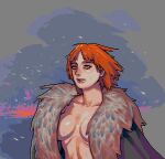  1girl breasts collarbone cropped deceiver fur lips looking_away orange_hair original outdoors parted_lips pixel_art short_hair solo sweat thick_eyebrows upper_body wind winter yellow_eyes 