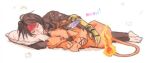  barefoot cat clawed_gauntlets commentary_request cuddling feathers fire headband heart pillow rainbow red_xiii sleeping softpinki star_(symbol) vincent_valentine 