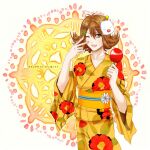  1girl brown_hair candy_apple final_fantasy final_fantasy_viii flipped_hair food green_eyes highres japanese_clothes kimono looking_at_viewer mask moogle one_eye_closed open_mouth selphie_tilmitt short_hair smile solo spirasen 