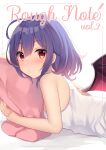  1girl :/ ahoge armpit_crease back_cutout bangs bat_wings bed bed_sheet blue_hair blush breasts clothing_cutout commentary_request english_text eyebrows_visible_through_hair headwear_removed highres lying medium_breasts on_bed on_stomach pillow purple_hair red_eyes remilia_scarlet ruhika shiny shiny_hair short_hair sidelocks simple_background solo tank_top touhou upper_body white_background white_tank_top wings 