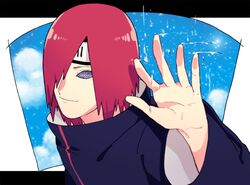  1boy akatsuki_(naruto) akatsuki_uniform bangs black_cloak cloak closed_mouth forehead_protector hair_over_one_eye long_sleeves looking_at_viewer medium_hair nagato_(naruto) naruto naruto_(series) ninja redhead rinnegan smile solo violet_eyes yazakc 