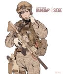 1girl absurdres ammunition_pouch artist_name assault_rifle bangs black_eyes black_hair braid brown_gloves camouflage camouflage_headwear camouflage_jacket camouflage_pants desert_camouflage dokkaebi_(rainbow_six_siege) gloves gun hat helmet highres holding holding_gun holding_weapon holstered_weapon jacket long_hair long_sleeves m16 military military_hat military_uniform open_mouth pants pouch rainbow_six_siege rifle simple_background solo tb_choi12 twin_braids uniform v-shaped_eyebrows vest weapon white_background 
