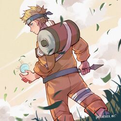  1boy bandaged_leg bandages blue_eyes blush child collage etceteraart facial_mark feet_out_of_frame forehead_protector from_behind highres kunai looking_at_viewer male_focus naruto naruto_(series) ninja rasengan scroll short_hair uzumaki_naruto weapon whisker_markings wind 