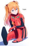  1girl bangs blue_eyes blush bodysuit breasts character_name closed_mouth commentary eyebrows_visible_through_hair full_body hair_ornament highres interface_headset knee_up long_hair looking_at_viewer medium_breasts neon_genesis_evangelion on_floor orange_hair pilot_suit plugsuit red_bodysuit shirt simple_background sitting smile soles solo souryuu_asuka_langley yakisobaosu 