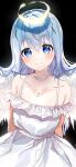  1girl absurdres angel angel_wings arms_behind_back bare_shoulders black_background blue_eyes blue_hair choker collarbone commentary_request dress eyebrows_visible_through_hair feathered_wings gochuumon_wa_usagi_desu_ka? hair_between_eyes hair_ornament halo highres kafuu_chino long_hair looking_at_viewer seize simple_background smile solo spread_wings sundress upper_body white_choker white_dress white_wings wings x_hair_ornament 