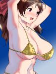  1girl ahoge alternate_costume armpits arms_up bangs bikini blue_sky blush bow breasts brown_hair cropped_arms cropped_torso gold_bikini hair_ornament hair_ribbon hairclip highres igarasy kantai_collection large_breasts looking_to_the_side mamiya_(kancolle) navel open_mouth parted_bangs red_bow red_eyes ribbon simple_background sky smile swimsuit wavy_hair 