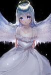 1girl :o absurdres angel angel_wings arms_behind_back backlighting bare_shoulders black_background blue_eyes blue_hair choker collarbone commentary_request dress eyebrows_visible_through_hair feathered_wings gochuumon_wa_usagi_desu_ka? hair_between_eyes hair_ornament halo highres kafuu_chino long_hair looking_at_viewer open_mouth seize simple_background solo spread_wings sundress upper_body white_choker white_dress white_wings wings x_hair_ornament 