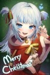  1girl :d blue_eyes blurry christmas depth_of_field gawr_gura heart highres hololive lerome looking_at_viewer merry_christmas multicolored_hair santa_costume sharp_teeth silver_hair simple_background smile solo streaked_hair teeth two_side_up virtual_youtuber 