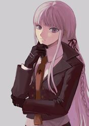  1girl bangs black_gloves black_ribbon blunt_bangs braid brown_jacket brown_necktie buttons closed_mouth collared_shirt danganronpa:_trigger_happy_havoc danganronpa_(series) gloves grey_background hair_ribbon hand_on_own_chin jacket kirigiri_kyouko long_sleeves looking_at_viewer necktie ribbon shirt side_braid simple_background solo upper_body violet_eyes white_shirt yan_4044 