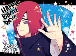  1boy akatsuki_(naruto) akatsuki_uniform bangs black_cloak cloak closed_mouth forehead_protector hair_over_one_eye happy_birthday long_sleeves looking_at_viewer medium_hair nagato_(naruto) naruto naruto_(series) ninja redhead rinnegan smile solo violet_eyes yazakc 