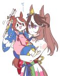  2girls :3 animal_ears arrow_(projectile) baby_carry bare_shoulders blush_stickers brown_hair carrying child choker commentary_request horse_ears horse_girl horse_tail japanese_clothes kimono long_hair multicolored_hair multiple_girls obi open_mouth ponytail sash simple_background smile split_mouth streaked_hair symboli_rudolf_(umamusume) tail takatsuki_nato tokai_teio_(umamusume) umamusume upper_body violet_eyes white_background wide_sleeves younger 