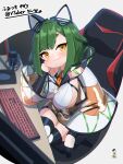  1girl bangs black_gloves black_legwear black_shirt breasts brown_eyes brown_shorts chair closed_mouth collared_shirt commentary commission copyright_request eyebrows_visible_through_hair gloves green_hair grey_background headgear highres keyboard_(computer) kuro_kosyou large_breasts looking_at_viewer microphone monitor office_chair on_chair orange_neckwear see-through shirt short_eyebrows shorts skeb_commission smile solo thick_eyebrows thigh-highs virtual_youtuber wide_sleeves 