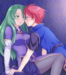  1boy 1girl :d black_legwear blue_eyes blue_shirt breasts cecilia_(fire_emblem) commentary_request dress elbow_gloves fire_emblem fire_emblem:_the_binding_blade gloves green_eyes green_hair ham_pon hetero highres large_breasts long_hair looking_at_another purple_dress redhead roy_(fire_emblem) shirt smile white_gloves 