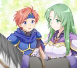 1boy 1girl :d armor blue_cape blue_eyes blue_headband cape cecilia_(fire_emblem) elbow_gloves fire_emblem fire_emblem:_the_binding_blade gloves green_eyes green_hair ham_pon headband highres horse long_hair looking_at_another purple_cape redhead roy_(fire_emblem) smile white_gloves 