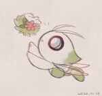  arms_up blue_eyes bright_pupils celebi commentary_request dated from_side leels looking_up no_humans open_mouth pokemon pokemon_(creature) shaymin shaymin_(land) white_pupils 