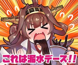  1girl ahoge black_tea brown_hair closed_eyes commentary_request cup double_bun emphasis_lines hairband headgear japanese_clothes kantai_collection kongou_(kancolle) kuroten long_hair orange_background popped_collar remodel_(kantai_collection) ribbon-trimmed_sleeves ribbon_trim solo sunburst sunburst_background tea teacup vomiting wavy_mouth 