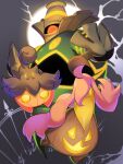  :&lt; closed_mouth commentary_request dusknoir fangs fangs_out glowing glowing_eyes gourgeist halloween highres mian_(3zandora) no_humans pokemon pokemon_(creature) pumpkaboo smile yellow_eyes 