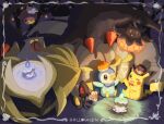 bow bowtie commentary drifloon fire flame framed giratina halloween hat hatted_pokemon highres litwick mask no_humans open_mouth pikachu piplup pokemon pokemon_(creature) pumpkaboo sitting smile tongue torinoko_(miiko_draw) yamask 