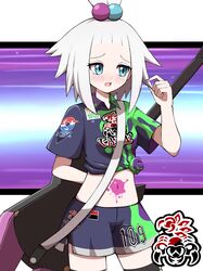  1girl absurdres alternate_costume bass_guitar blue_eyes blush collared_shirt commentary_request cowboy_shot eyelashes hair_bobbles hair_ornament hand_up highres instrument nail_polish open_mouth paint_on_body pokemon pokemon_(game) pokemon_bw2 pokemon_swsh roxie_(pokemon) shabana_may shirt short_sleeves shorts side-slit_shorts solo spiky_hair thigh-highs tongue topknot white_hair 